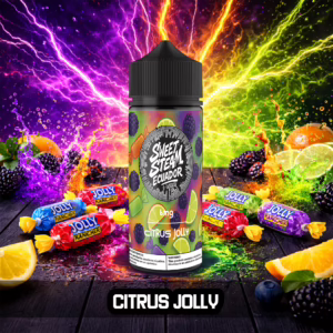 Frascos de E-Liquid Citrus Jolly de Sweet Steam Ecuador en presentaciones de 10 ml, 60 ml y 120 ml, con sabor a caramelos Jolly Rancher, caramelos ácidos disponible en 0 mg, 3 mg y 6 mg de nicotina