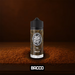 Frascos de E-Liquid Bacco de Sweet Steam Ecuador en presentaciones de 10 ml, 60 ml y 120 ml, con sabor a tabaco clásico, disponible solo en 3 mg y 6 mg de nicotina