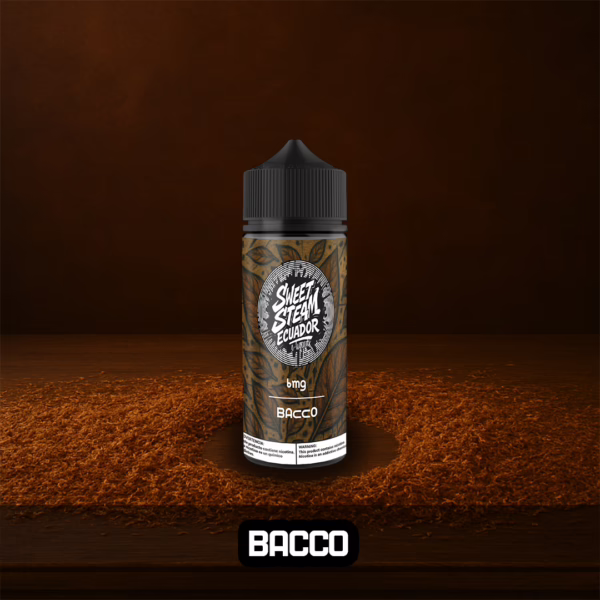 Frascos de E-Liquid Bacco de Sweet Steam Ecuador en presentaciones de 10 ml, 60 ml y 120 ml, con sabor a tabaco clásico, disponible solo en 3 mg y 6 mg de nicotina
