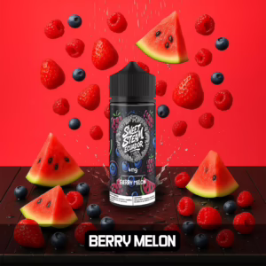 Frascos de E-Liquid Berry Melon de Sweet Steam Ecuador en presentaciones de 10 ml, 60 ml y 120 ml, con sabor a mezcla de berries con sandía, disponible en 0 mg, 3 mg y 6 mg de nicotina