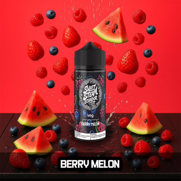 Frascos de E-Liquid Berry Melon de Sweet Steam Ecuador en presentaciones de 10 ml, 60 ml y 120 ml, con sabor a mezcla de berries con sandía, disponible en 0 mg, 3 mg y 6 mg de nicotina