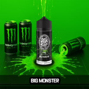 Frascos de E-Liquid Big Monster de Sweet Steam Ecuador en presentaciones de 10 ml, 60 ml y 120 ml, con sabor a bebida energizante tipo Monster, disponible en 0 mg, 3 mg y 6 mg de nicotina