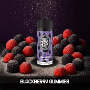 Frascos de E-Liquid Blackberry Gummies de Sweet Steam Ecuador en presentaciones de 10 ml, 60 ml y 120 ml, con sabor a gomitas de mora dulce, disponible en 0 mg, 3 mg y 6 mg de nicotina