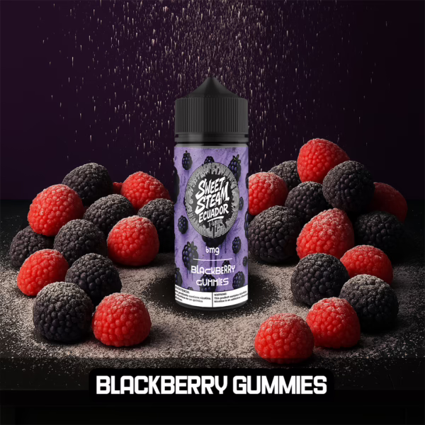 Frascos de E-Liquid Blackberry Gummies de Sweet Steam Ecuador en presentaciones de 10 ml, 60 ml y 120 ml, con sabor a gomitas de mora dulce, disponible en 0 mg, 3 mg y 6 mg de nicotina