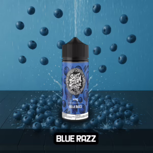 Frascos de E-Liquid Blue Razz de Sweet Steam Ecuador en presentaciones de 10 ml, 60 ml y 120 ml, con sabor a arándano azul dulce y ácido, disponible en 0 mg, 3 mg y 6 mg de nicotina