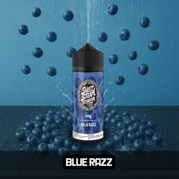 Frascos de E-Liquid Blue Razz de Sweet Steam Ecuador en presentaciones de 10 ml, 60 ml y 120 ml, con sabor a arándano azul dulce y ácido, disponible en 0 mg, 3 mg y 6 mg de nicotina