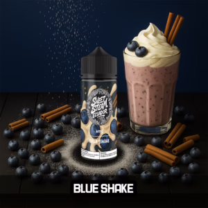 Frascos de E-Liquid Blue Shake de Sweet Steam Ecuador en presentaciones de 10 ml, 60 ml y 120 ml, con sabor a milkshake de arándanos, disponible en 0 mg, 3 mg y 6 mg de nicotina