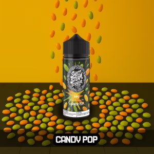 Frascos de E-Liquid Candy Pop de Sweet Steam Ecuador en presentaciones de 10 ml, 60 ml y 120 ml, con sabor a pastillas de caramelo cítrico tipo Tic Tac, disponible en 0 mg, 3 mg y 6 mg de nicotina