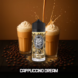 Frascos de E-Liquid Cappuccino Dream de Sweet Steam Ecuador en presentaciones de 10 ml, 60 ml y 120 ml, con sabor a cappuccino cremoso, disponible en 0 mg, 3 mg y 6 mg de nicotina