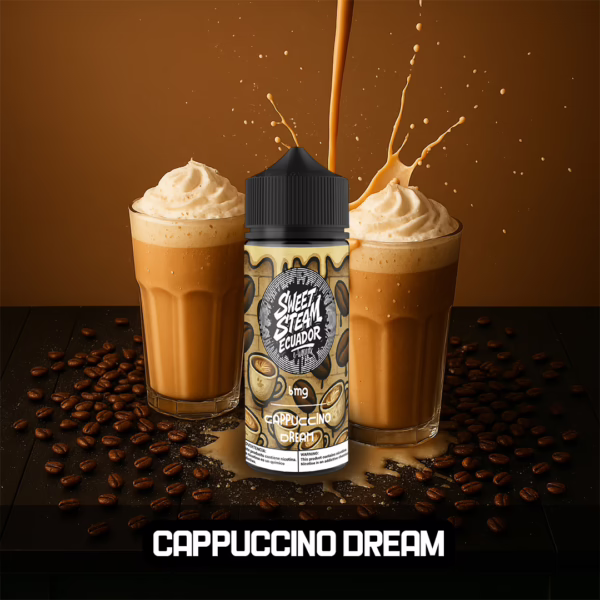 Frascos de E-Liquid Cappuccino Dream de Sweet Steam Ecuador en presentaciones de 10 ml, 60 ml y 120 ml, con sabor a cappuccino cremoso, disponible en 0 mg, 3 mg y 6 mg de nicotina