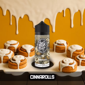 Frascos de E-Liquid Cinnarolls de Sweet Steam Ecuador en presentaciones de 10 ml, 60 ml y 120 ml, con sabor a rollo de canela dulce, disponible en 0 mg, 3 mg y 6 mg de nicotina