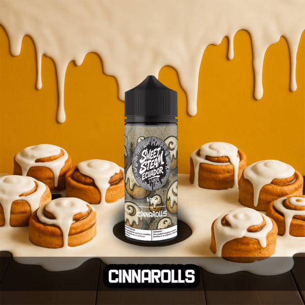Frascos de E-Liquid Cinnarolls de Sweet Steam Ecuador en presentaciones de 10 ml, 60 ml y 120 ml, con sabor a rollo de canela dulce, disponible en 0 mg, 3 mg y 6 mg de nicotina