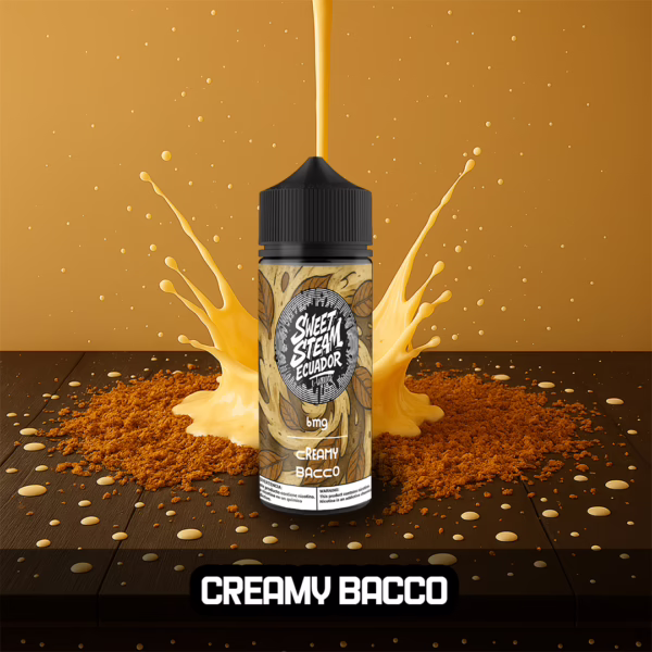 Frascos de E-Liquid Creamy Bacco de Sweet Steam Ecuador en presentaciones de 10 ml, 60 ml y 120 ml, con sabor a tabaco suave con crema, disponible solo en 3 mg y 6 mg de nicotina