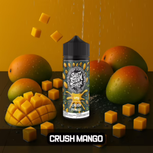 Frascos de E-Liquid Crush Mango de Sweet Steam Ecuador en presentaciones de 10 ml, 60 ml y 120 ml, con sabor a mango maduro y jugoso, disponible en 0 mg, 3 mg y 6 mg de nicotina