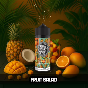 Frascos de E-Liquid Fruit Salad de Sweet Steam Ecuador en presentaciones de 10 ml, 60 ml y 120 ml, con mezcla de frutas tropicales y dulces, disponible en 0 mg, 3 mg y 6 mg de nicotina
