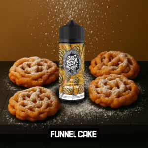 Frascos de E-Liquid Funnel Cake de Sweet Steam Ecuador en presentaciones de 10 ml, 60 ml y 120 ml, con sabor a pastel frito dulce estilo feria, disponible en 0 mg, 3 mg y 6 mg de nicotina