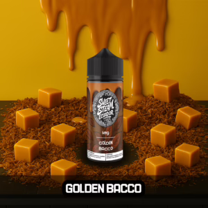 Frascos de E-Liquid Golden Bacco de Sweet Steam Ecuador en presentaciones de 10 ml, 60 ml y 120 ml, sabor tabaco con caramelo, disponible solo en 3 mg y 6 mg de nicotina