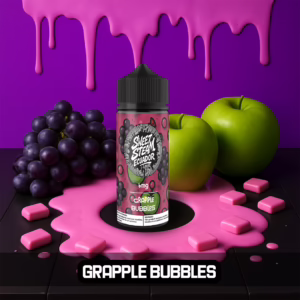 Frascos de E-Liquid Grapple Bubbles de Sweet Steam Ecuador en presentaciones de 10 ml, 60 ml y 120 ml, sabor a chicle de uva con manzana verde, disponible en 0 mg, 3 mg y 6 mg de nicotina