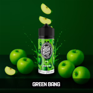 Frascos de E-Liquid Green Bang de Sweet Steam Ecuador en presentaciones de 10 ml, 60 ml y 120 ml, sabor a jugosas manzana verde y niveles de nicotina de 0 mg, 3 mg y 6 mg