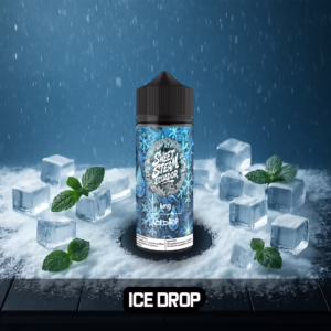Frascos de E-Liquid Ice Drops de Sweet Steam Ecuador en presentaciones de 10 ml, 60 ml y 120 ml, sabor de menta intensa y muy fría, disponible en 0 mg, 3 mg y 6 mg de nicotina
