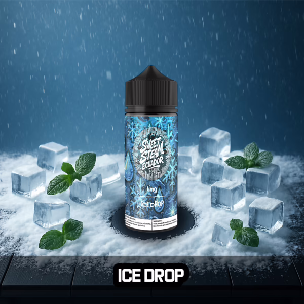 Frascos de E-Liquid Ice Drops de Sweet Steam Ecuador en presentaciones de 10 ml, 60 ml y 120 ml, sabor de menta intensa y muy fría, disponible en 0 mg, 3 mg y 6 mg de nicotina