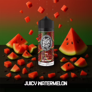 Frascos de E-Liquid Juicy Watermelon de Sweet Steam Ecuador en presentaciones de 10 ml, 60 ml y 120 ml, sabor frutal de sandía jugosa, disponible en 0 mg, 3 mg y 6 mg de nicotina