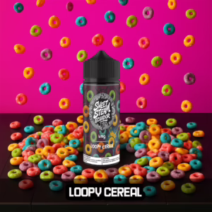 Frascos de E-Liquid Loopy Cereal de Sweet Steam Ecuador en presentaciones de 10 ml, 60 ml y 120 ml, sabor a cereal frutal tipo Froot Loops, disponible en 0 mg, 3 mg y 6 mg de nicotina