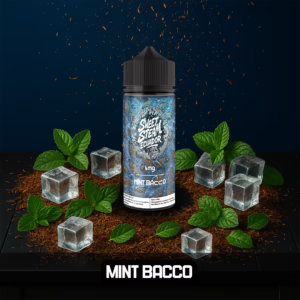 Frascos de E-Liquid Mint Bacco de Sweet Steam Ecuador en presentaciones de 10 ml, 60 ml y 120 ml, sabor tabaco mentolado, disponible solo en 3 mg y 6 mg de nicotina