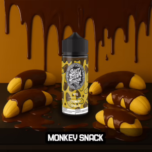 Frascos de E-Liquid Monkey Snack de Sweet Steam Ecuador en presentaciones de 10 ml, 60 ml y 120 ml, con sabor a chocolate y banana, disponible en 0 mg, 3 mg y 6 mg de nicotina