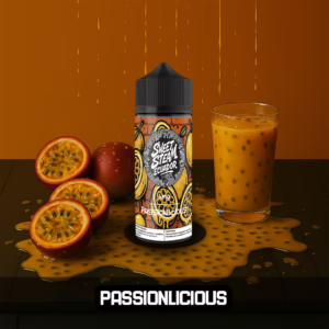Frascos de E-Liquid Passionlicious de Sweet Steam Ecuador en presentaciones de 10 ml, 60 ml y 120 ml, sabor frutal de maracuyá, disponible en 0 mg, 3 mg y 6 mg de nicotina