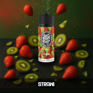 Frascos de E-Liquid Strawi de Sweet Steam Ecuador en presentaciones de 10 ml, 60 ml y 120 ml, sabor fresa con kiwi y niveles de nicotina de 0 mg, 3 mg y 6 mg